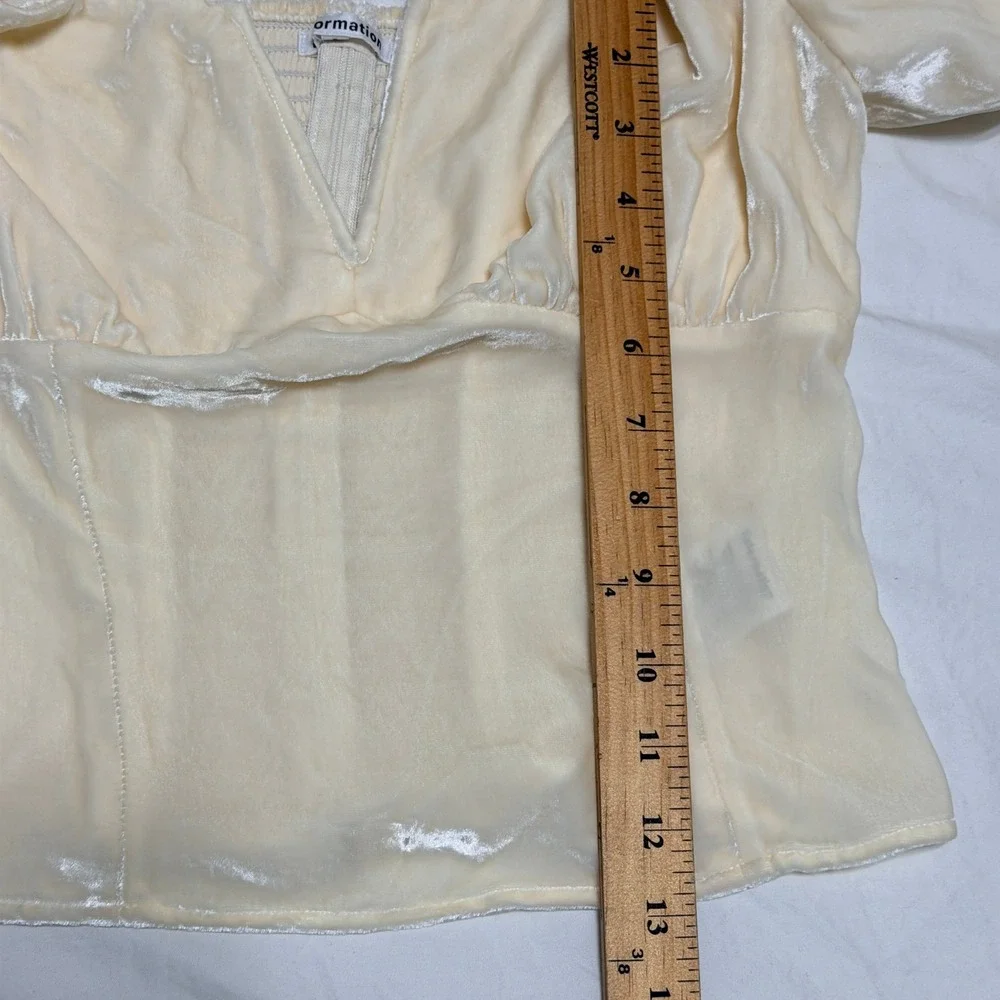Reformation Amina Blouse Top Silk Velvet Puff Sleeve Top V-Neck Smocked Ivory